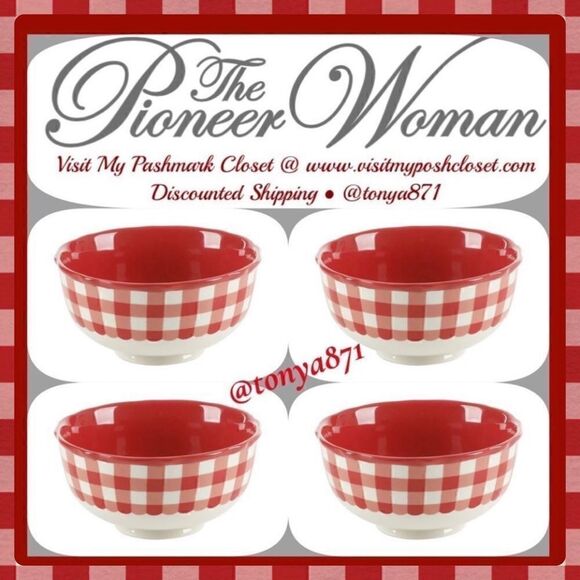 🦋 New Pioneer Woman Red Gingham Cereal Bowl, Qty 4 - Picture 1 of 6